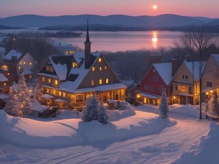 Fototapeta premium European-style houses by the lake and forests covered with snow