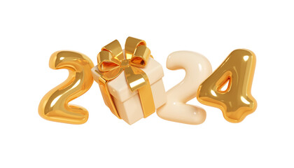 2024 inflatable golden balloon text with Christmas gift box with ribbon and bow 3d render illustration.