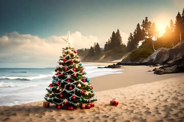 Beautiful christmas tree at the beach with lots of copy space - obrazy, fototapety, plakaty