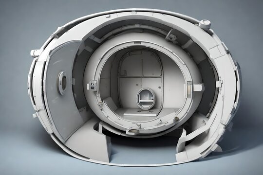 A simple space hibernation chamber model for space travel. Oval shape. Single chamber door is opened.