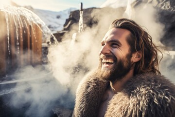 A man enjoys the winter serenity as he bathes in a hot spring, his content smile revealing the pleasure derived from the contrasting warmth against the cold landscape