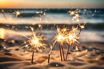 Sparklers at the beach for New Year or party with copy space - obrazy, fototapety, plakaty