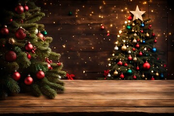 Empty wood table with christmas tree in the background copy space - obrazy, fototapety, plakaty