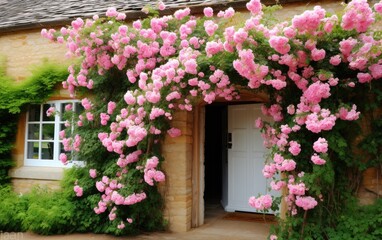Fototapeta na wymiar Roses growing over a trellis on a beautiful English countryside house