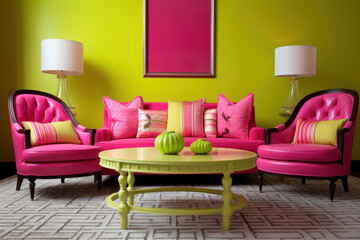 Vivid living room setup with pink armchairs, lime green accents, a round coffee table, and decorative lamps against a neon wall.