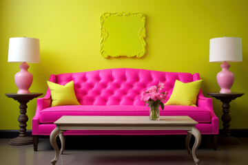 A bold living room scene with a hot pink tufted sofa, bright yellow pillows, matching lamps, and a decorative frame on a neon wall.
