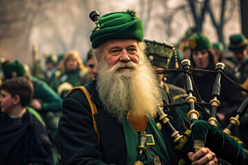 In Ireland, a lively St. Patrick's Day parade unfolds. A man donned in a vibrant green ensemble,...