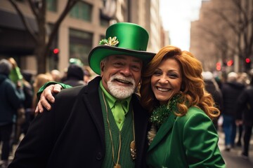 Lively city vibes as a man and woman, sporting leprechaun hats and St. Patrick's Day costumes, add...