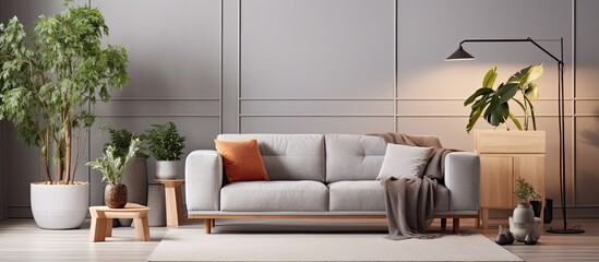 Scandinavian living room with grey velvet sofa, cube, furniture, plants, carpet, decoration, and template.