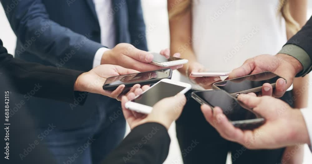 Aufkleber phone, hands or business people networking in circle or office for a social media post or website. c