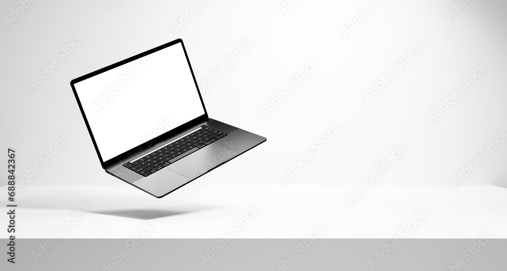 Poster Laptop mock up and white table with white wall background empty space, empty white room with white table and laptop with empty blank white screen, white screen laptop mock up design, empty white space