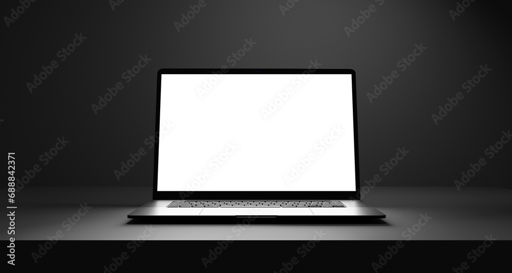 Poster laptop with white empty blank screen mock up on black table and dark black wall backdrop, empty whit
