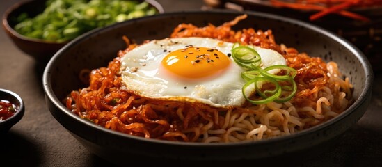 Spicy Korean instant noodles with homemade sauce, fried egg, and kimchi
