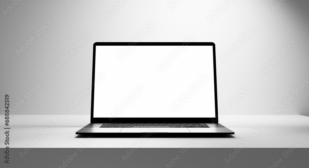 Poster laptop mock up and white table with white wall background empty space, empty gray room with white ta