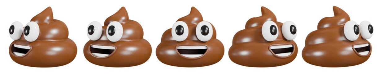 Happy smiling poop emoji icon set. 3D rendering.
