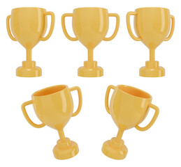 Cartoon winner cup set in different positions. Trophy awards. 3D rendering.