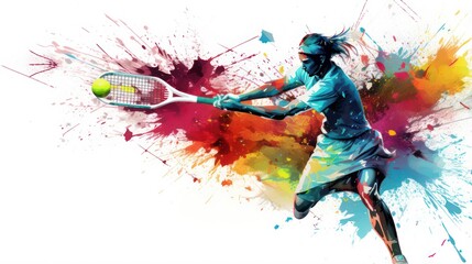 Watercolor splash illustration of female tennis athlete in action.