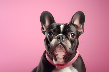 Attentive French Bulldog with Pink Collar on Solid Background