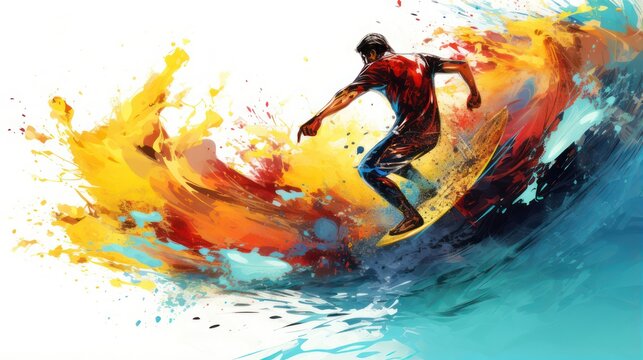 Illustration of a surfer reacting with a big wave with a watercolor painting design.