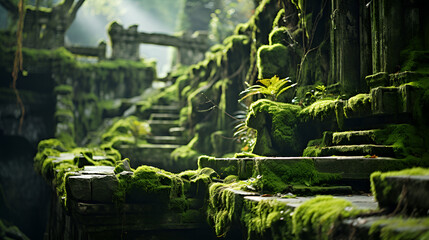 Fototapeta na wymiar A secret grove, where moss-covered stones encircle a tranquil pond, its surface like a polished gem, A moss covered old stone pathway in a forest. Mystic atmosphere. Generative AI, An intimate fores