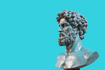 Antique bust of a male marble head on a blue background with copy space