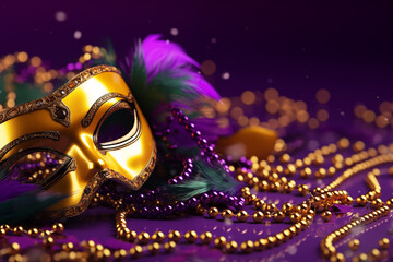 Traditional golden Venetian mask for festival Mardi Gras on purple background