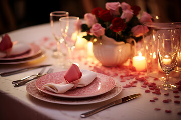 Intimate dinner setting, roses, soft glow. Valentines Day,