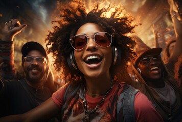 Black woman with sunglasses and headphones at disco party