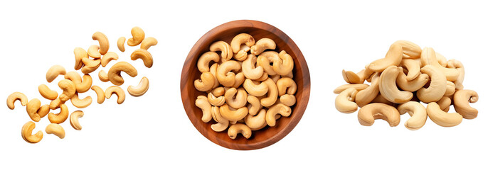 Set of Cashew Nuts, Cashew Nuts Falling, and Bowl with Cashew Nuts: Top View, Isolated on Transparent Background, PNG