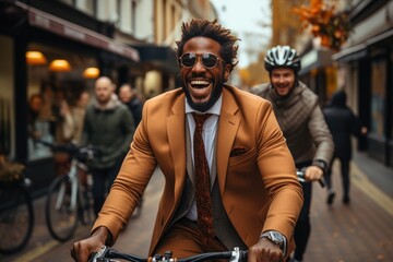 Fototapeta na wymiar Black man in suit riding bike through the downtown