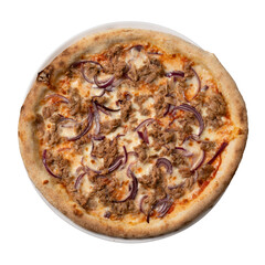 top view plate with tuna and onion pizza. isolated white background