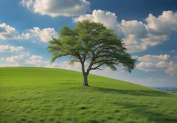 a lone large tree in a green meadow against a blue sky - Powered by Adobe