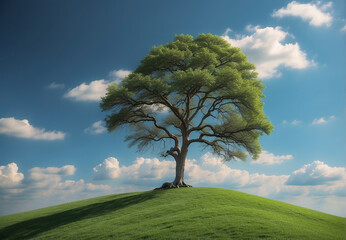 Fototapeta na wymiar a lone large tree in a green meadow against a blue sky