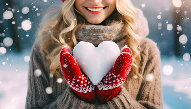 blonde woman holding a heart made of snow on a winter day - knitted mittens - boho background