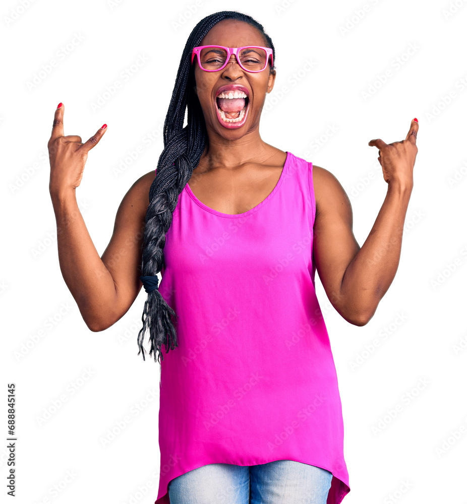 Poster young african american woman wearing casual clothes and glasses shouting with crazy expression doing