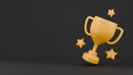 Cartoon yellow winner cup on black background. Trophy awards. 3D rendering.