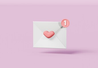 3d mail envelope, letter, love icon with red heart center notification new message. Minimal email letter message icon. Happy valentine day message in love concept. 3d render illustration.