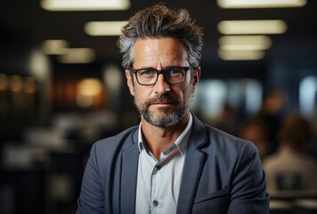 Middle age businessman with glasses and beard posing in confident mood