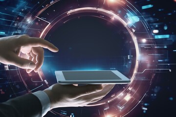 Artificial intelligence service concept. Hand hold digital tablet