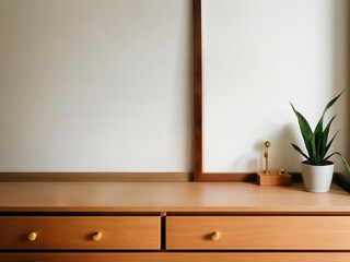 Minimal wooden desk, with morning light, empty desk to place products.