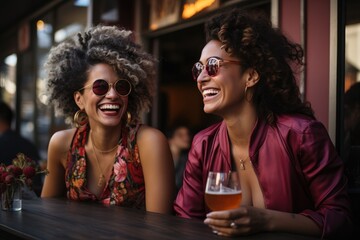 Two woman drinking cocktail in restaurant garden - summer vibes