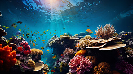 Underwater view of coral reef with fishes and sunlight. Tropical background., beautiful underwater scenery with various types of fish and coral reefs, Undersea view of coral reef with colorful fishe

