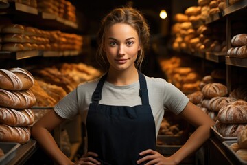 Fototapeta na wymiar Bakery girl is ready to serve buyers with fresh bread and pastry
