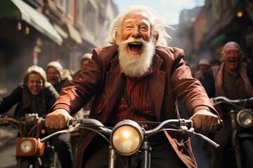 Old man enjoying while drive motorcycle on the street with his friends