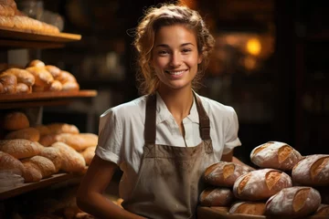 Gordijnen Urban girl working as a baker in a bakery © Larisa AI