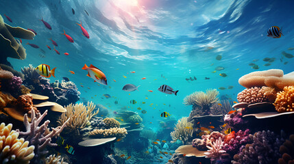 A colorful coral reef teeming with exotic marine life, set against the backdrop of the deep blue ocean., Underwater with colorful sea life fishes and plant at seabed background, Colorful Coral reef l
