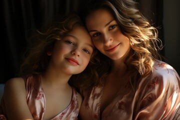 Morning picture of cheerful mother with her teen daughter - daughter embracing