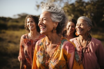 Group of older ladies in colorful dresses walking in nature