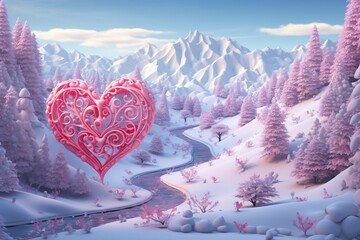 A snowy mountain landscape with heart-shaped ice sculptures and trees covered in 3D intricate colorful patterns. The scene captures a serene, winter romance.