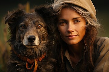 Portrait of blond woman with her border collie
